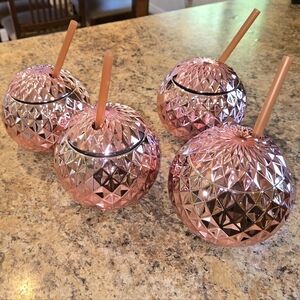 Set of 4 Pink Geometric Coconut Tumblers with Straws